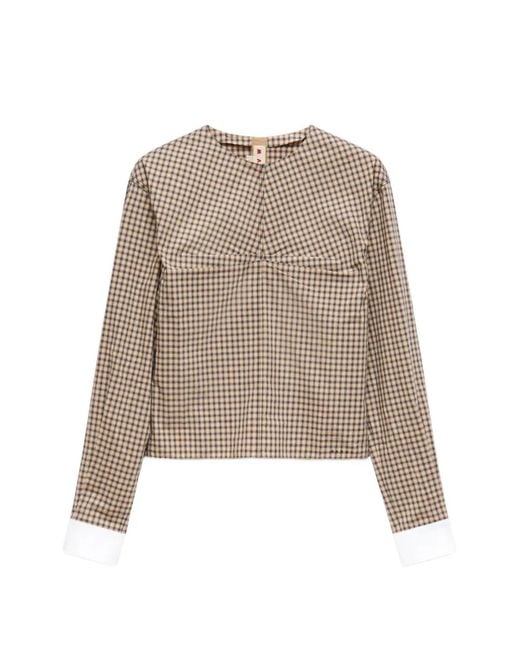 Marni Natural Checked Poplin Top With Ruched Front
