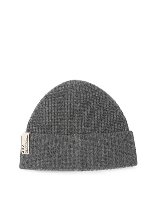 A.P.C. Gray Ribbed-Knit Logo-Patch Beanie Hat for men