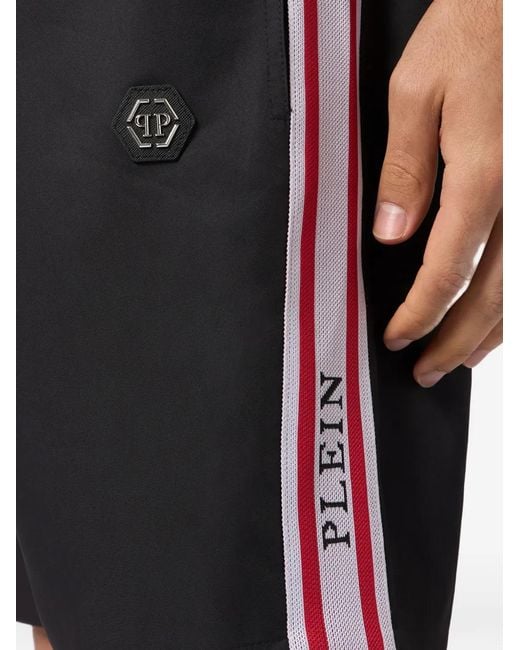 Philipp Plein Black Logo-Stripe Drawstring Shorts for men