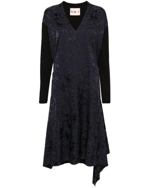 Plan C Black Draped Jacquard Midi Dress