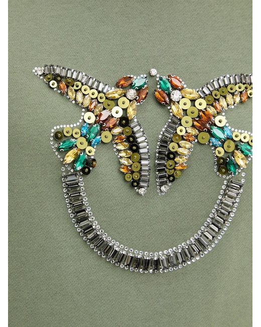 Pinko Green Sweatshirt With Love Birds Jewel Maxi Embroidery