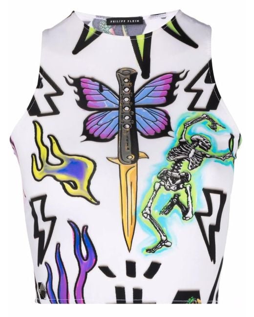 Philipp Plein Blue Tattoo Monogram Cropped Top