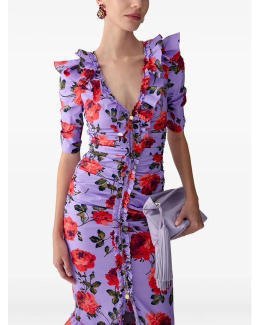 Carolina Herrera Red Rose-Print Ruched Midi Dress