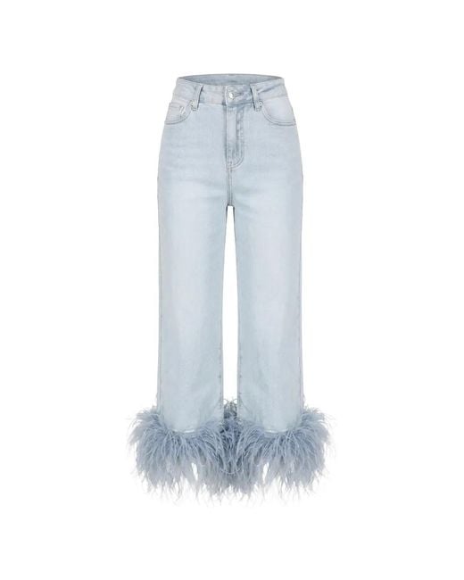 Twentyfourhaitch Blue Arcade Feather-Trim Cropped Jeans