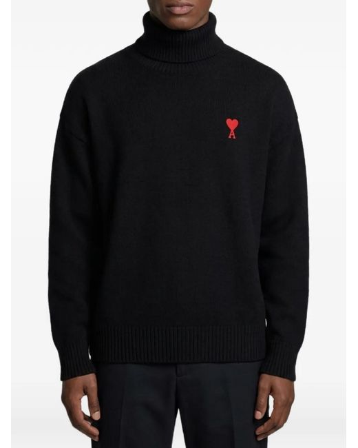 AMI Black Wool Ami De Coeur Turtle Neck Sweater for men