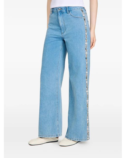 Sandro Blue Rhinestone Wide-Leg Jeans