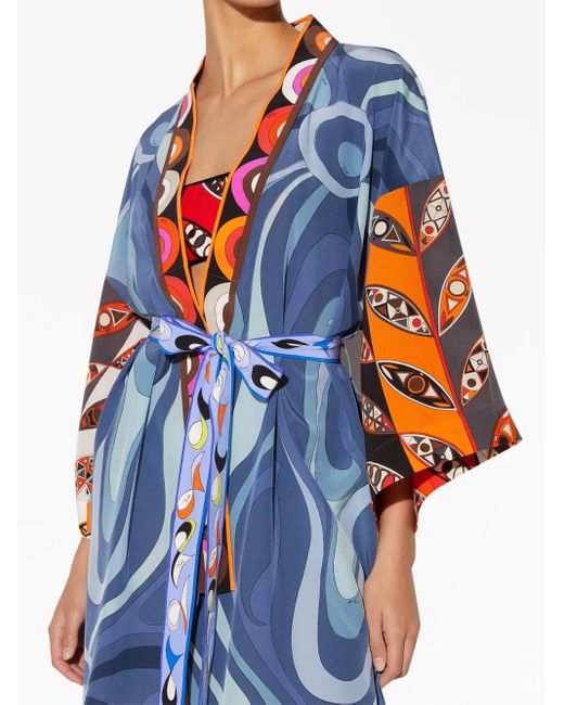 Emilio Pucci Blue Graphic-Print Silk Robe Minidress