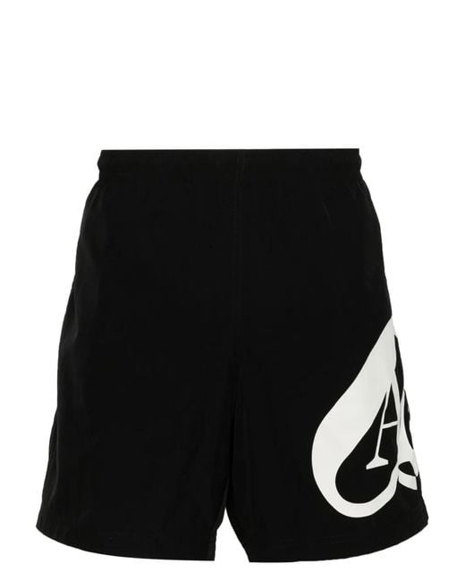 McQueen Black Seal-Print Swim Shorts for men