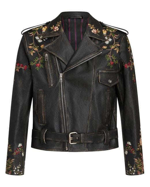 Etro Black Floral-Embroidery Leather Biker Jacket for men