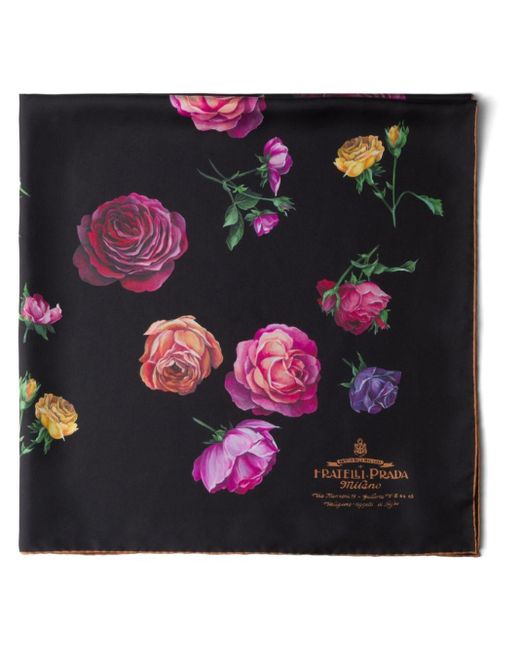 Prada Black Floral-print Silk Scarf