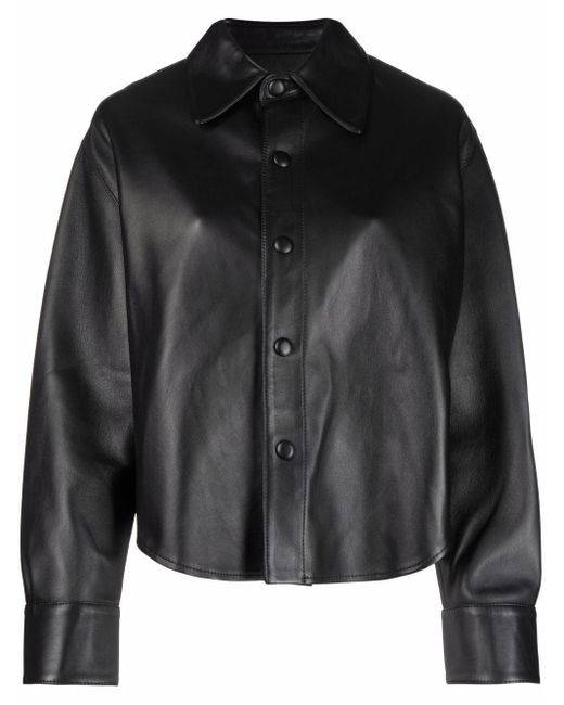 AMI Pressstud Leather Overshirt in Black Lyst