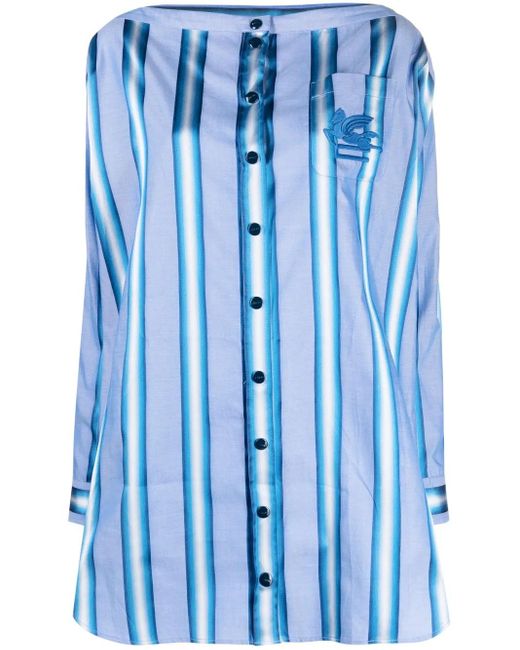 Etro Blue Off-the-shoulder Embroidered Striped Cotton And Silk-blend Mini Shirt Dress