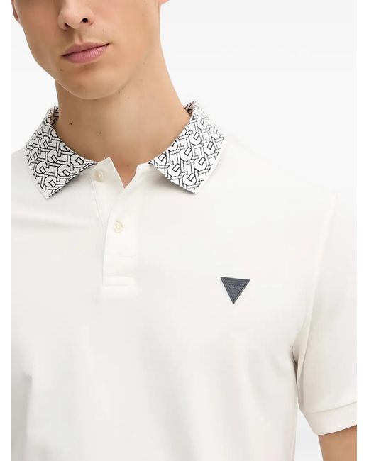 Guess White Patterned Collar Logo Polo Shirt for men