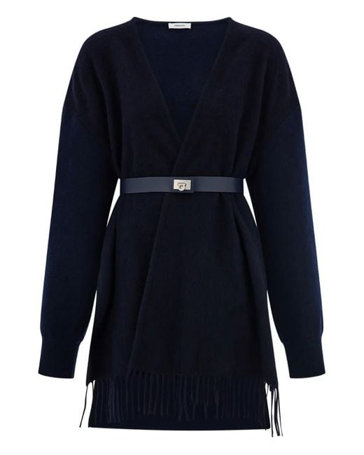 Ferragamo Blue Fringed Belted Cardigan