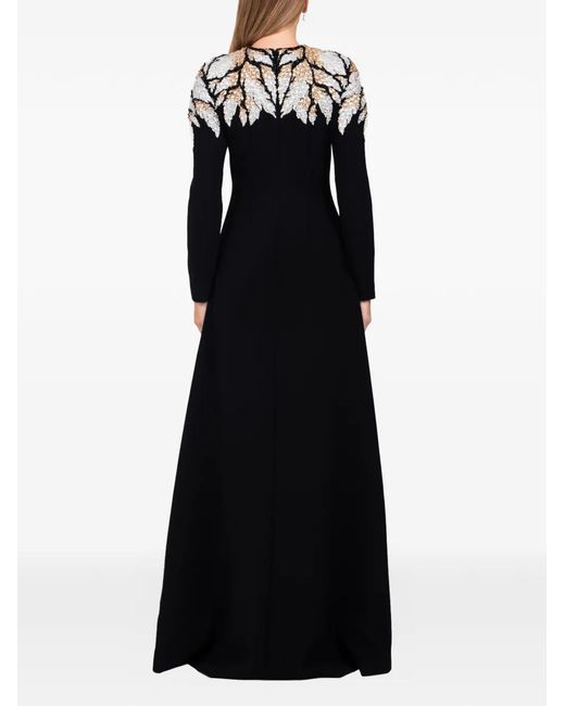 Dina Melwani Black Crystal-Leaf Maxi Dress