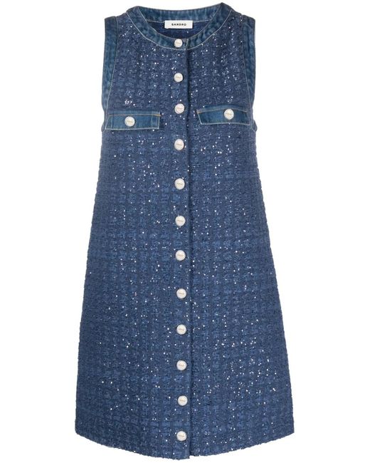 Sandro Blue Sleeveless Tweed Short Dress