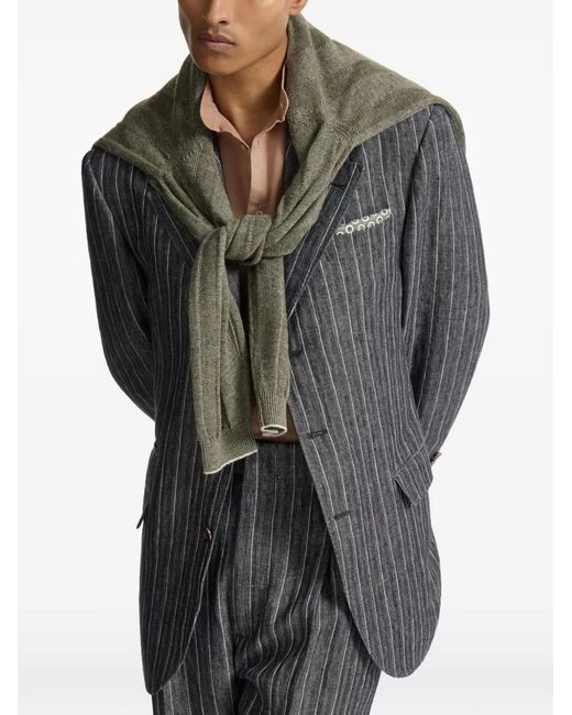 Brunello Cucinelli Gray Linen Chalk Stripe Chevron Tailor Blazer With Metal Buttons for men