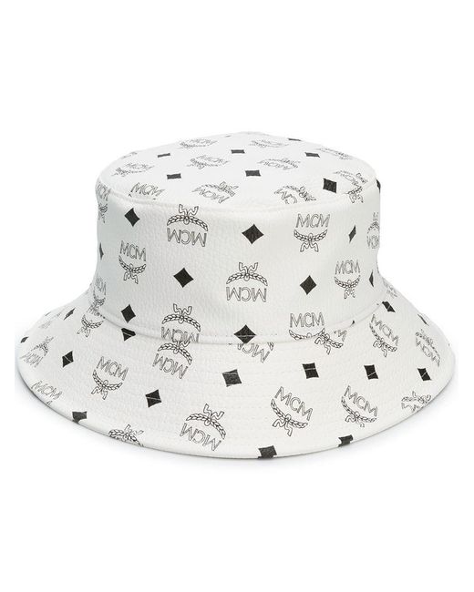 MCM White Bucket Hat In Visetos for men