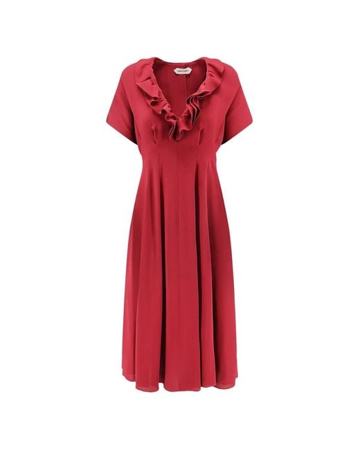 Alberta Ferretti Red Ruffled V-Neck Midi Dress