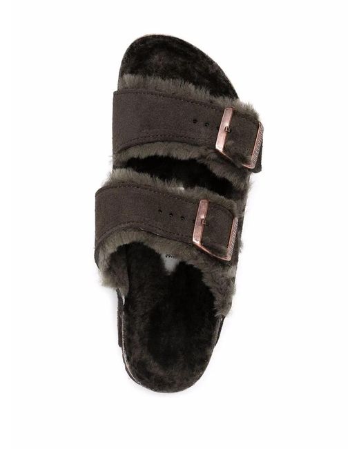 Birkenstock Black Arizona Shearling Lined Suede Two-Strap Sandals