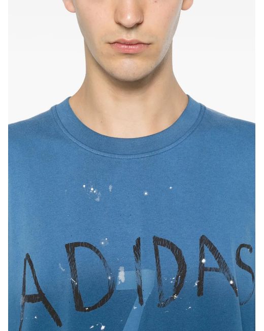 Adidas Blue X Paint-Splatter Logo-Print T-Shirt