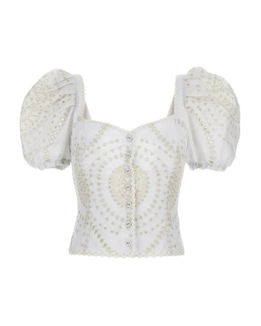 Charo Ruiz White Embroidered Puff-Sleeve Top