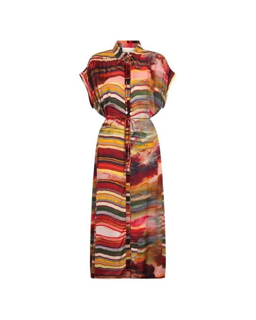 Carolina K Red Valerie Marble-Print Belted Dress