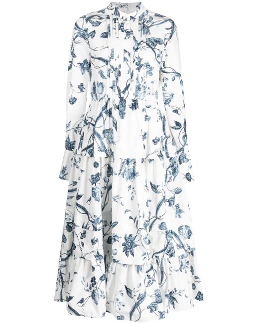 Erdem White Floral Print Long Sleeve Tiered Cotton Dress