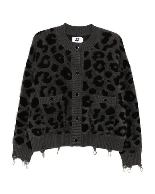 Izzue Black Distressed Leopard-Intarsia Cardigan