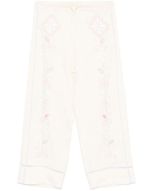 Forte_forte White Oniric Blossom Embroidery Linen Drawstring Pants