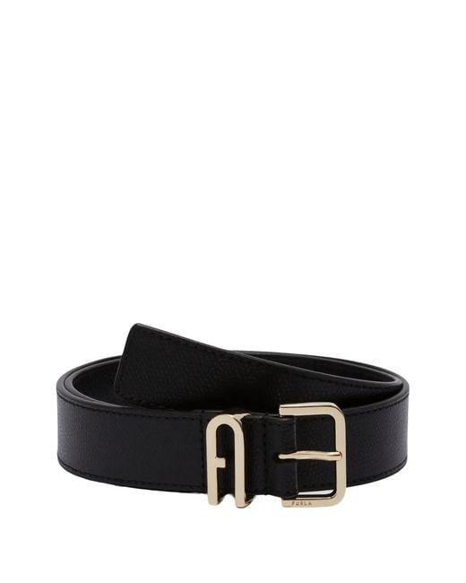 Furla Black Camelia Logo Belt