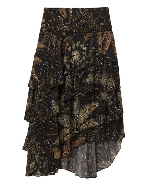 Farm Rio Black Foliage Tiered Printed Midi Skirt
