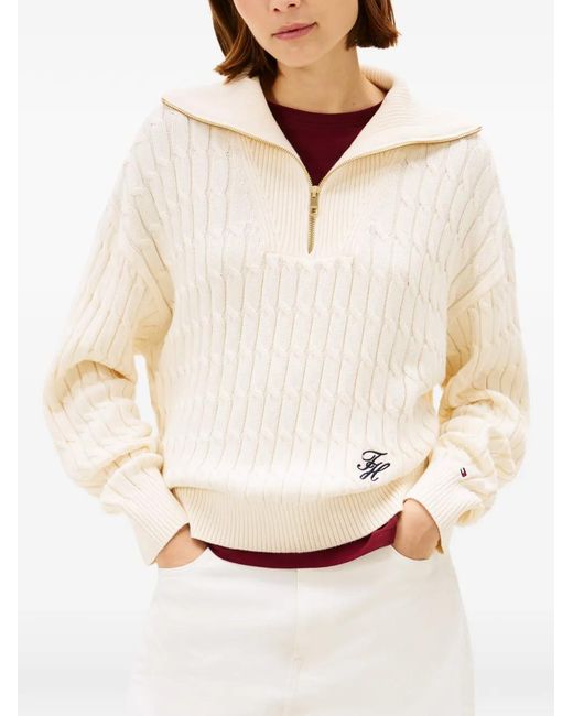 Tommy Hilfiger White Cable-Knit Zip-Up Sweater