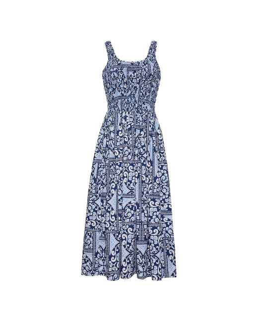 Cara Cara Blue Bergamo Tile-Print Smocked-Waist Midi Dress