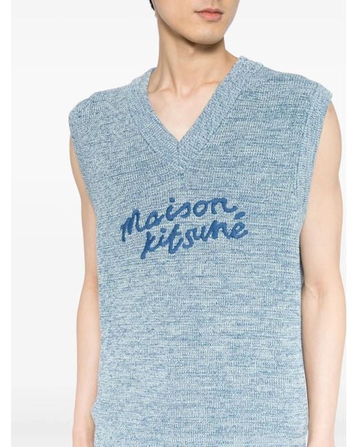 Maison Kitsuné Blue Embroidered-Logo V-Neck Cotton Vest for men