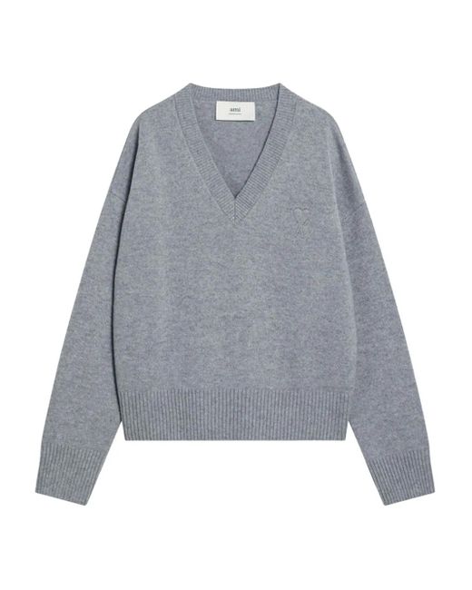 Maglione Con Scollo A V E Ricamo Logo di AMI in Gray