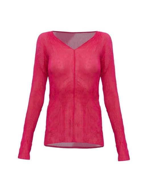 Issey Miyake Red Pleated V-Neck Top