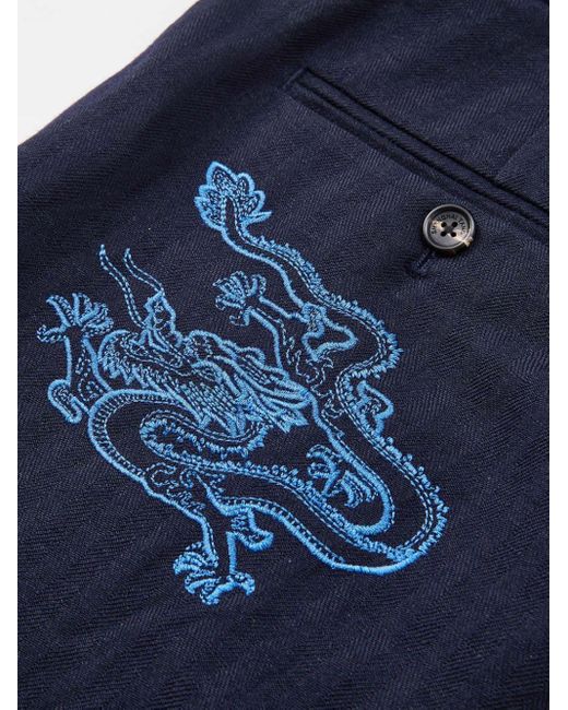 Shanghai Tang Blue Herringbone Embroidered Shorts for men