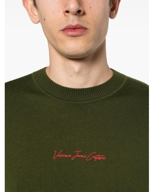 Versace Jeans Couture Green Embroidered-Logo Wool Jumper for men