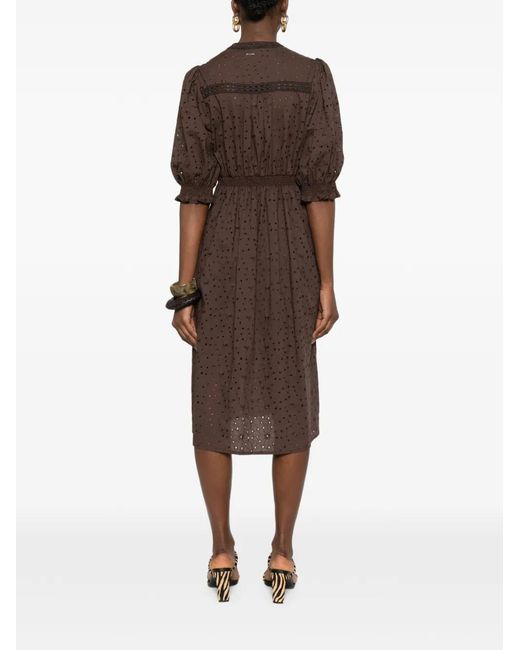 Twinset Brown Puff-Sleeve Midi Dress