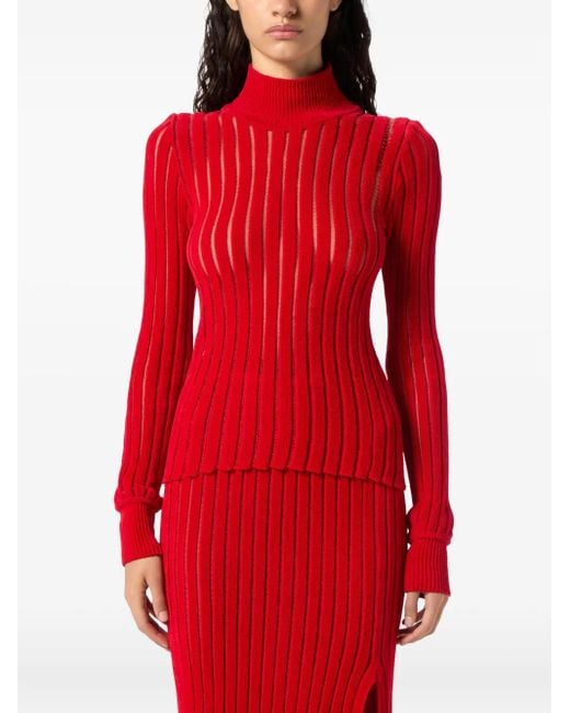 Blumarine Red High-Neck Ribbed Sweater