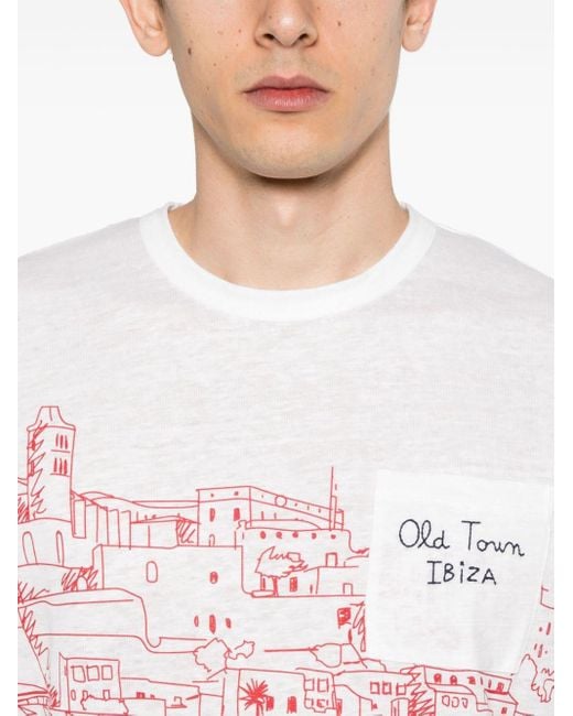 Mc2 Saint Barth White Old Town-print Linen T-shirt for men