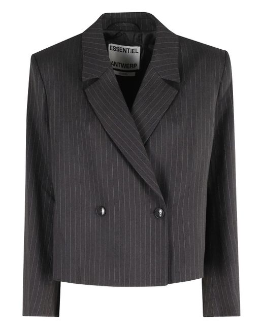 Essentiel Antwerp Black Pinstripe Double-Breasted Cropped Blazer