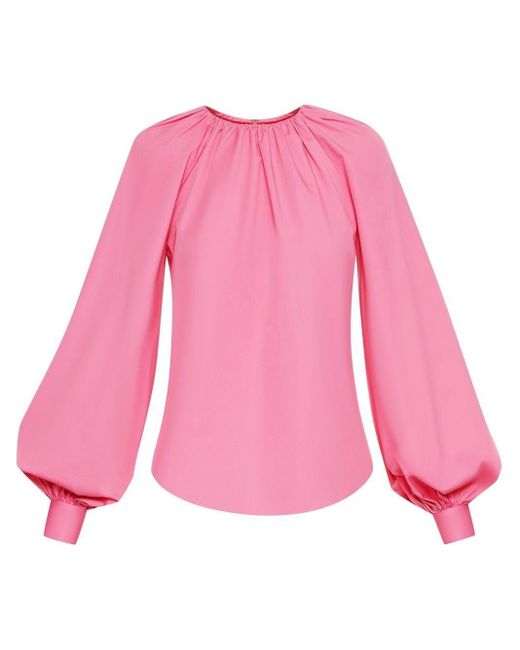 Oscar de la Renta Cotton Puff-sleeve Ruched Blouse in Pink | Lyst