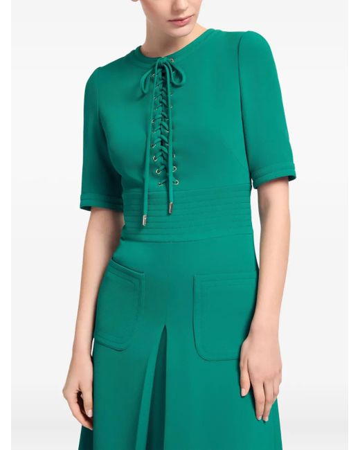 Elie Saab Green Cady Lace-Up Midi Dress