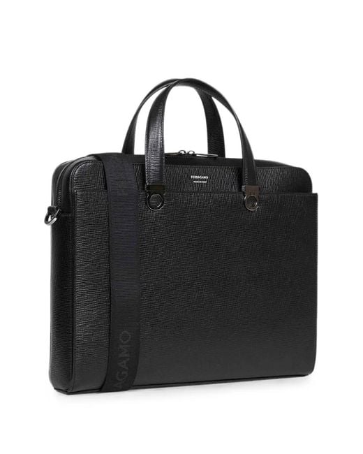 Ferragamo Black Gancini Grained Briefcase for men