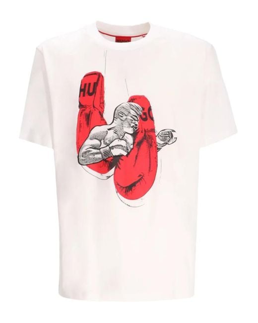 HUGO White Boxing-Print Cotton T-Shirt for men