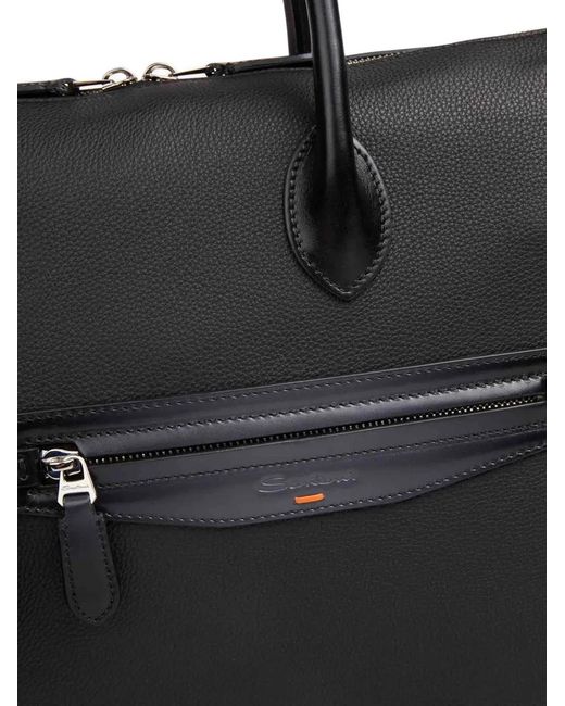 Santoni Black Leather Tote Bag for men