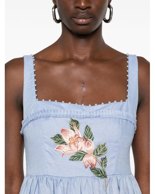 Agua Bendita Blue Robe Longue Barbara À Fleurs Brodées En Lin