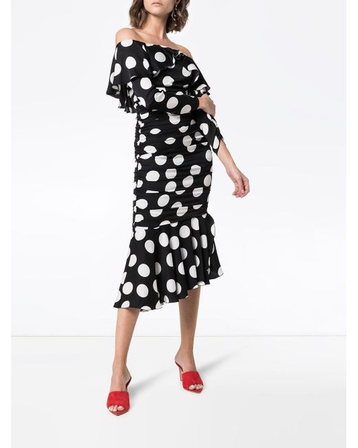 off the shoulder black polka dot dress